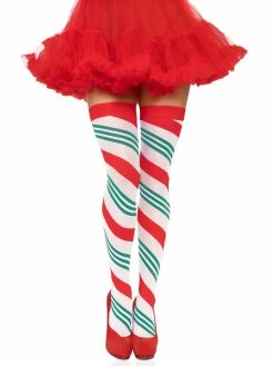 LEG AVENUE Holiday Ribbon Striped Thigh Highs