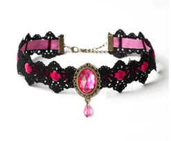 Lace Choker With Teardrop Stone 9 Lace Choker With Teardrop Stone -Cosplay Clothing Store Chokerwithjewelpink