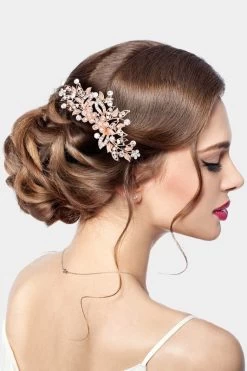 Rose Gold Flower Leaf Crystal Comb